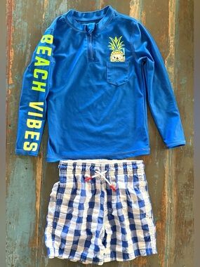 Blue 'Beach Vibes' Rash Guard & Plaid Swim Shorts 4/5